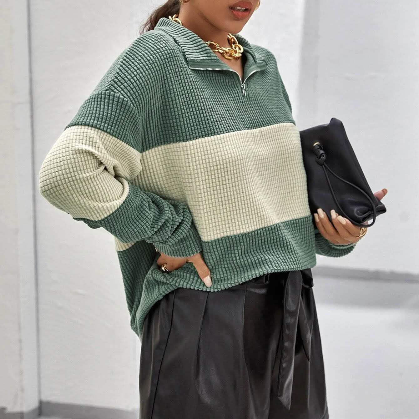 Drop Shoulder Two Tone Textured Half Placket Pullover