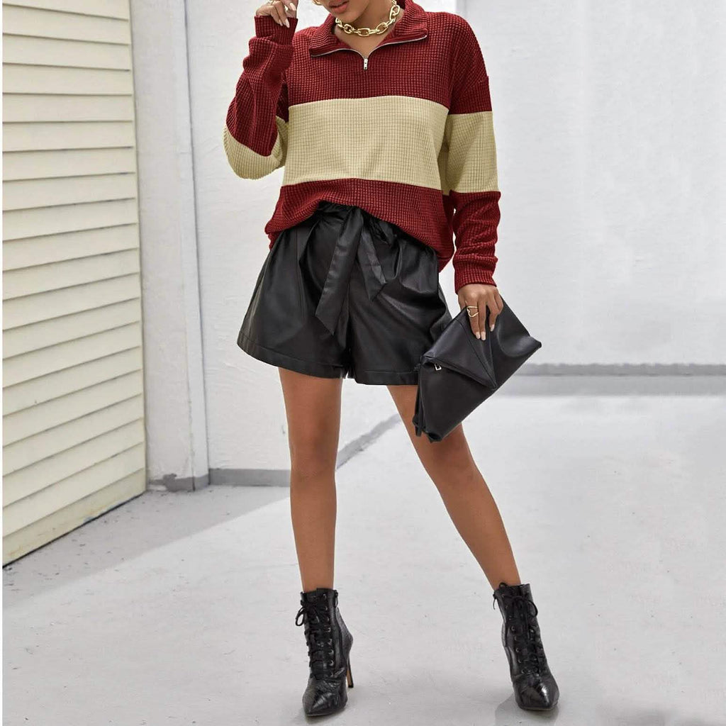 Drop Shoulder Two Tone Textured Half Placket Pullover