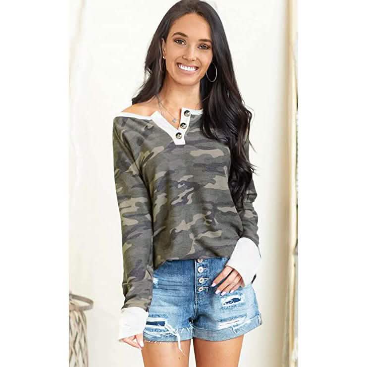 Women's Camouflage Print Casual Leopard Pullover Long Sleeve Sweatshirts