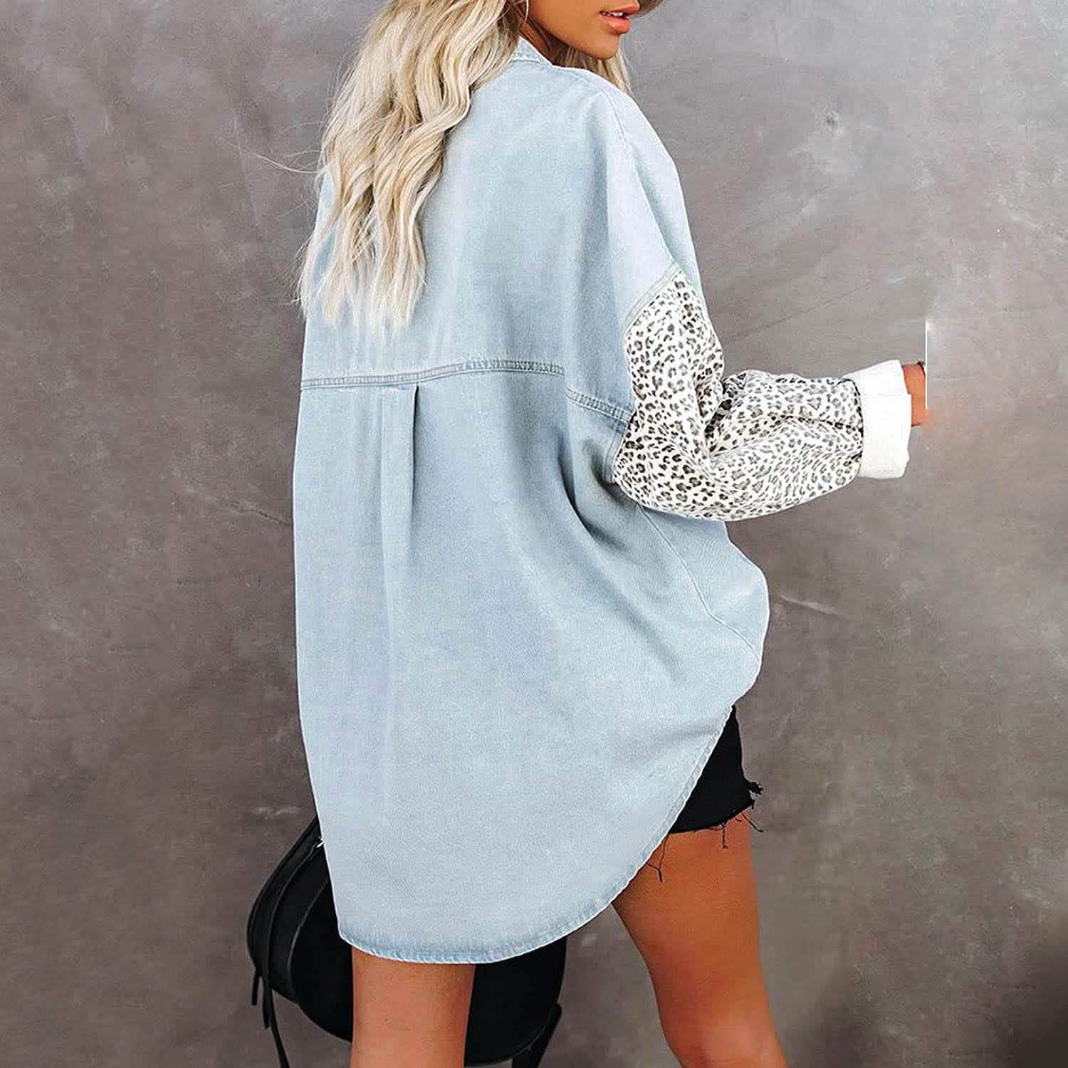 Womens Contrast Leopard Denim Jacket Long Sleeve Button Down Shirts
