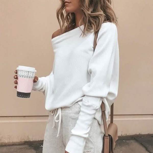 Women's Fashion Off Shoulder Long Sleeve Sweater Casual Long Sleeved Sweatshirt Top