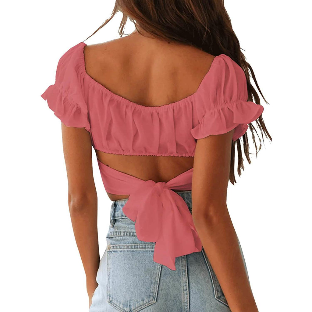 Women's Ruffle Short Sleeve Tie Shirt