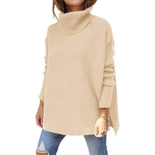 Women's Turtleneck Oversized Sweaters Long Batwing Sleeve Spilt Hem Tunic