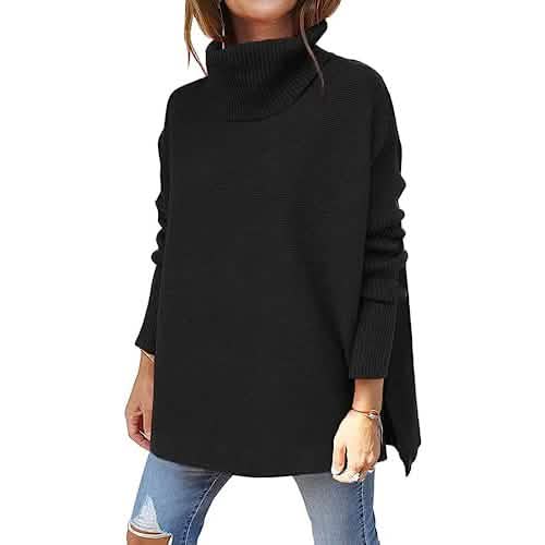 Women's Turtleneck Oversized Sweaters Long Batwing Sleeve Spilt Hem Tunic