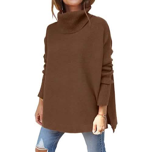 Women's Turtleneck Oversized Sweaters Long Batwing Sleeve Spilt Hem Tunic