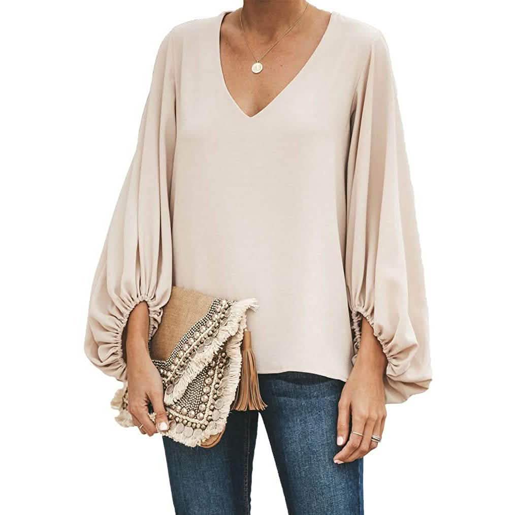 Womens V Neck Chiffon Blouses Casual Balloon Sleeve Floral Print Shirts Tops