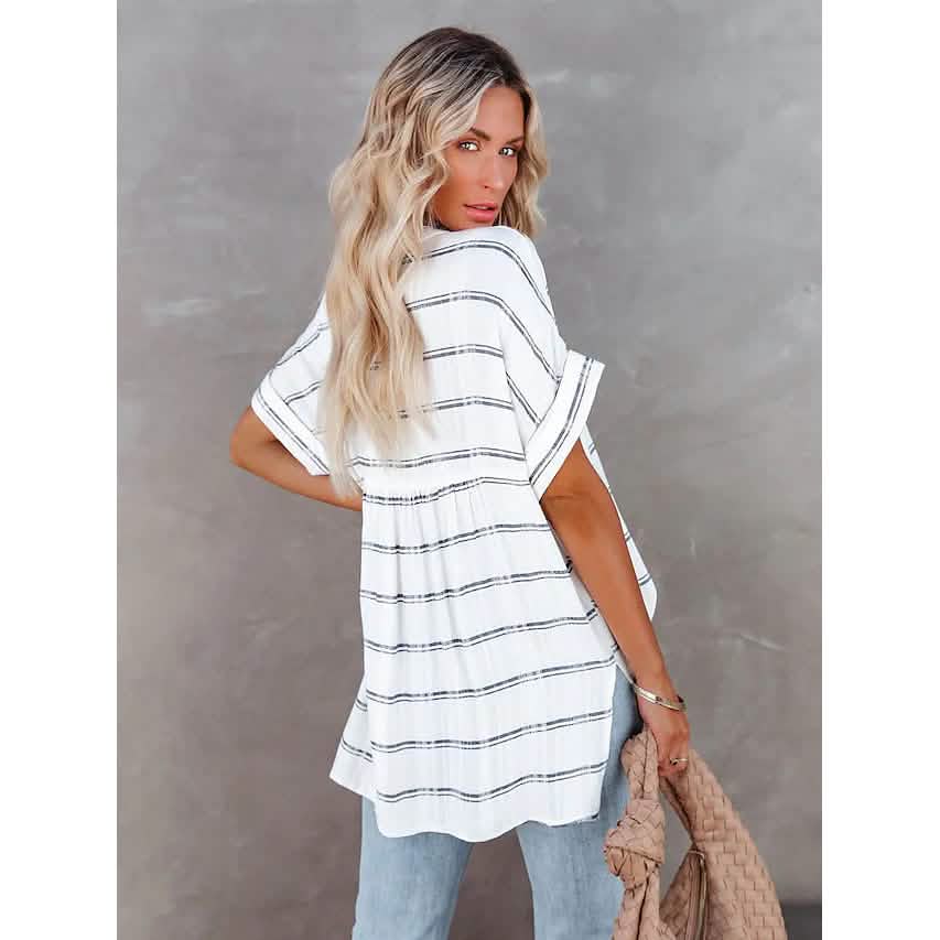 Women's V-Neck Loose Shirt Short Sleeve Top