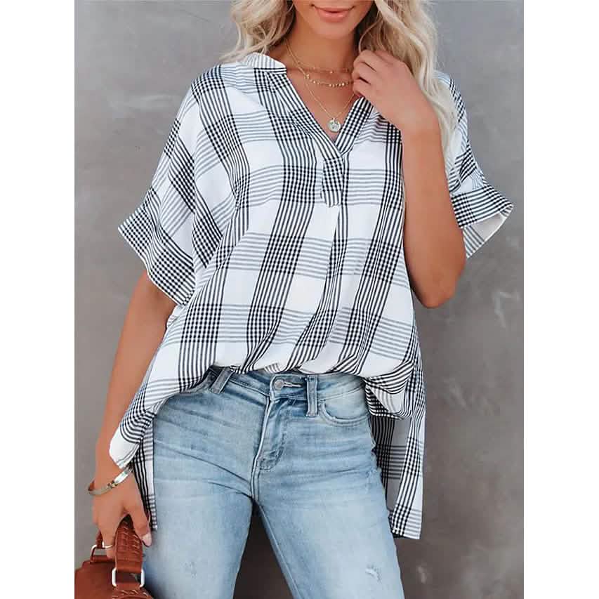 Women's V-Neck Loose Shirt Short Sleeve Top