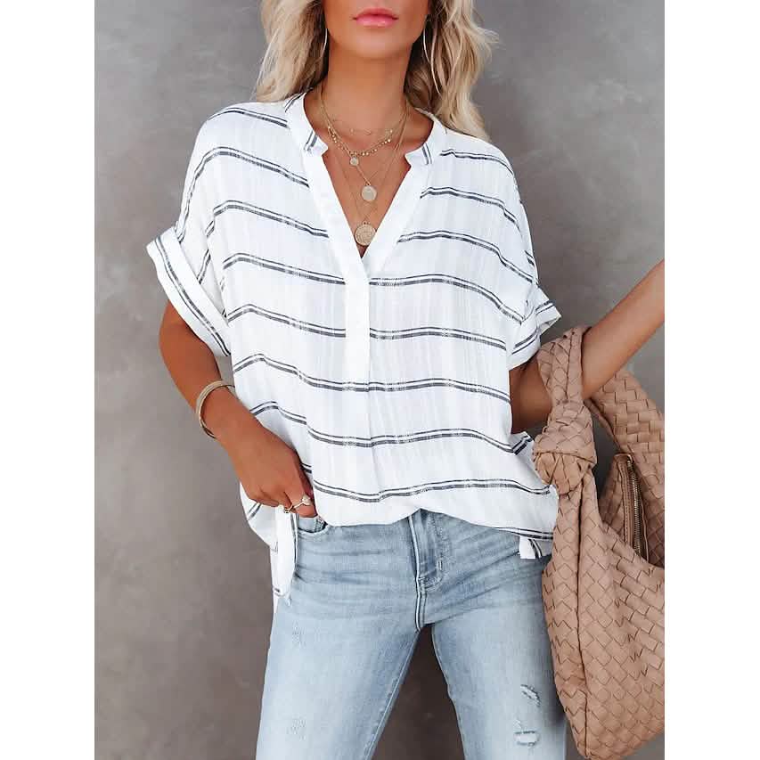 Women's V-Neck Loose Shirt Short Sleeve Top