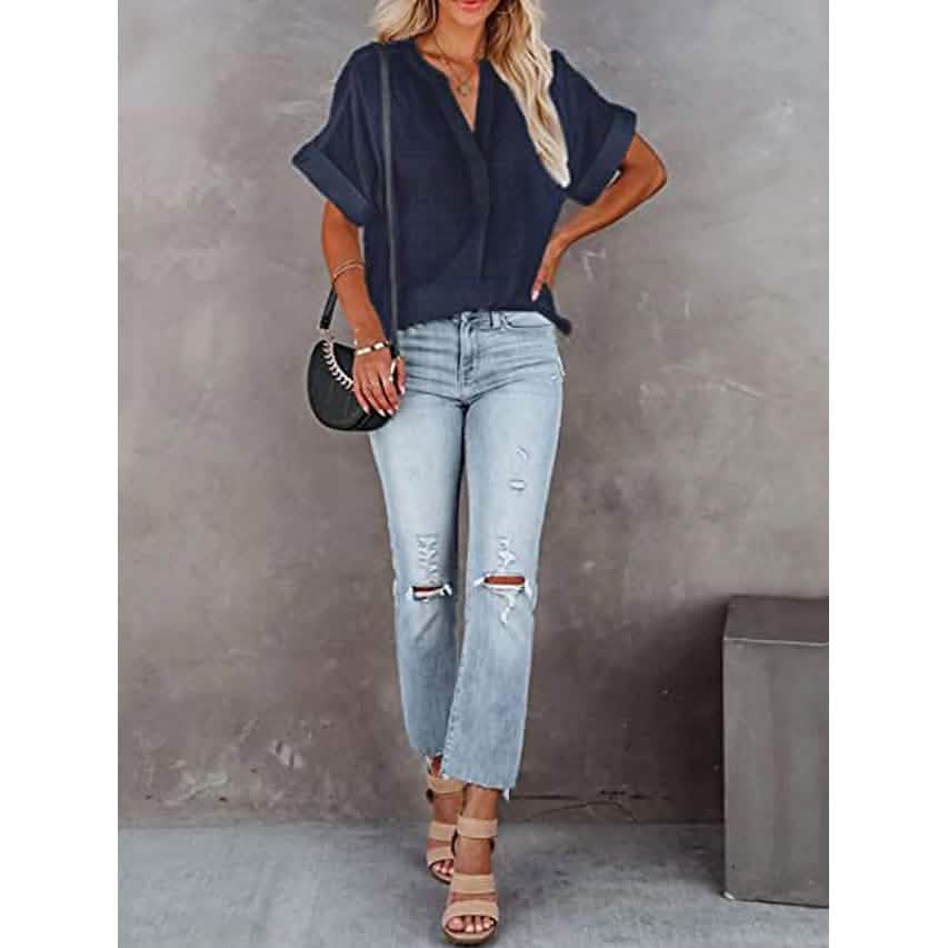 Women's V-Neck Loose Shirt Short Sleeve Top