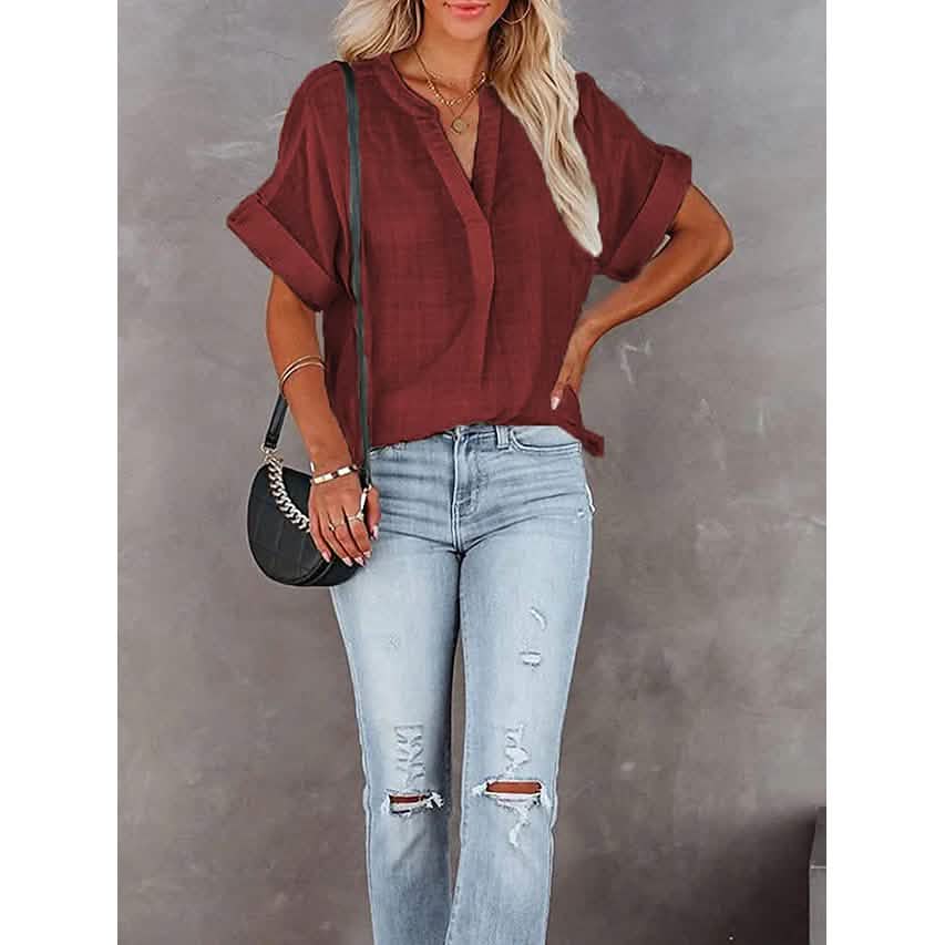 Women's V-Neck Loose Shirt Short Sleeve Top